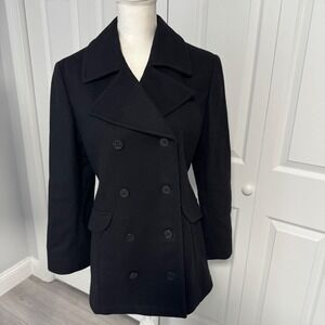 Jones New York Petite Black 100% Pure Wool Double Breasted Pea Coat Size 10P